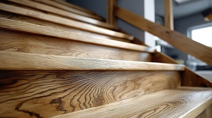 A close-up of a wooden staircase with visible grain patterns in warm brown tones, partial white brick wall on the right background, eye-level perspective.