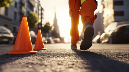 Obraz premium Orange traffic cones on asphalt with blurred worker in uniform walking nearby, symbolizing highway safety and roadwork, close-up with copy space.