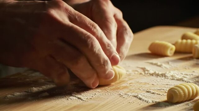 Chef Making Gnocchi Pasta on Wooden Board