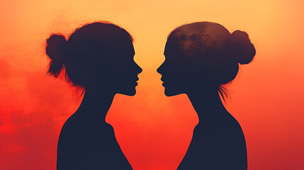 Two Women Silhouettes Sunset  Facing  Connection  Friendship  Unity  Female  Orange Sky  B