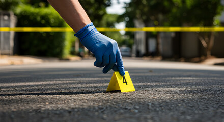 Gloved Hand Places Yellow Evidence Marker on a City Street Crime Scene