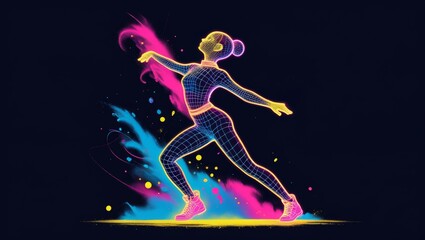 Fototapeta premium Digital neon woman in expressive dance pose,concept female empowerment and creative energy,digital freedom and motion design,vibrant neon expression,self-expression through movement,neon movement vibe