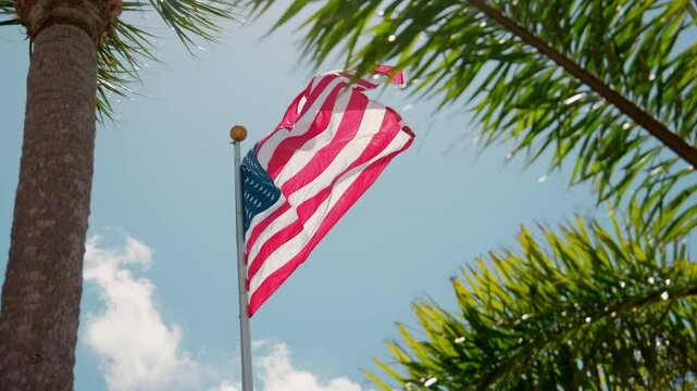 USA flag waiving on the flagpole with a background of the clear blue sky and tropical trees.