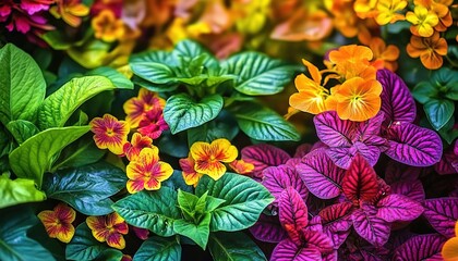 Fototapeta premium Cluster of hydrangeas in pink, purple, blue, and yellow surrounded by green leaves.