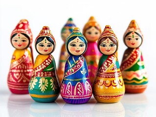 Traditional Indian wooden dolls in colorful sarees with gold-tipped heads on a reflective surface.
