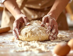 Fototapeta premium Close up view of hands kneading dough on a wooden surface dusted with flour alongside eggs and a rolling pin soft focus background.