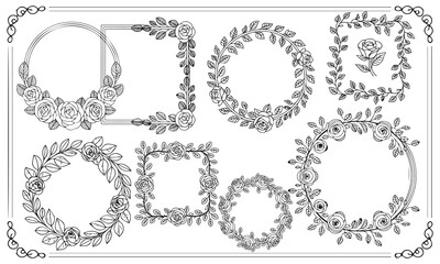Obraz premium Floral Wreath and Frame Bundle – Black and White Line Art