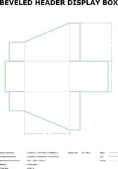 Detailed diagram outlining the blueprint and dimensions for a beveled header display box, ideal for product packaging and design projects.