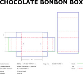 Technical diagram of a diecut chocolate bonbon box design blueprint illustrating dimensions material and design area in detail.