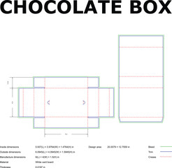 Detailed engineering blueprint diagram for a chocolate box diecut packaging design showcasing dimensions and technical specifications.