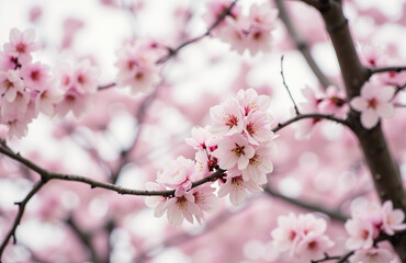 Cherry blossoms in bloom with delicate pink petals and branches.