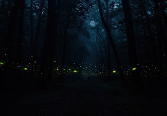 A mystical forest scene with glowing fireflies illuminating the dark path and tall trees around it