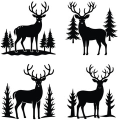 Naklejka premium Deer Silhouettes With Antlers Standing Amidst Trees In A Forest Design