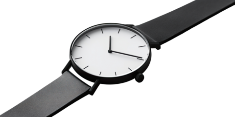 Luxury minimalist black wristwatch isolated on white transparent background