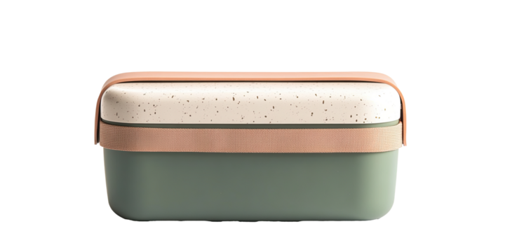 Eco-friendly minimalist lunchbox with green accent and elastic band, sustainable food container, isolated on white transparent background
