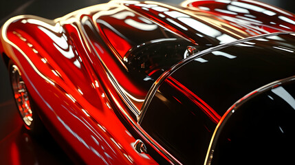 Close-up of shiny red and black car body panels reflecting light.
