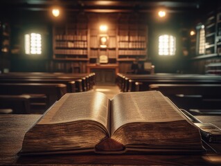 Obraz premium Open book in a dimly lit religious sanctuary.