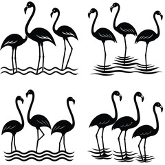 Silhouette Flamingo Bird Illustration Vector Graphic Set Wildlife Water Animals