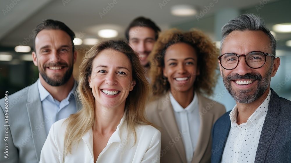 Poster a diverse group of business professionals stands together in a bright and modern office environment,
