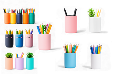 Colorful pens and pencils in holders collection