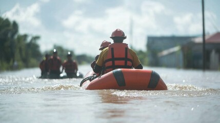 Rescue operations in flooded areas emergency response teams outdoor water rescue urban environment low angle view