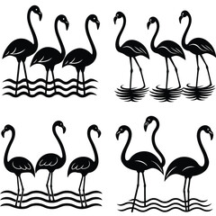 Black Flamingo Silhouette Set Standing In Water Illustration Decorative Vector Design
