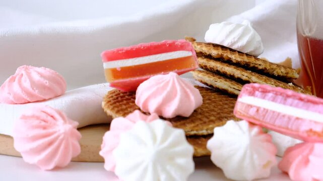 Luxury handmade chocolate mendiants, cookies, bites, candies, marmalade, chocolate baskets, marshmallow, wheat grain rice crackers, wafli