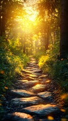 Obraz premium Forest path with sunlight, rocks, and green foliage