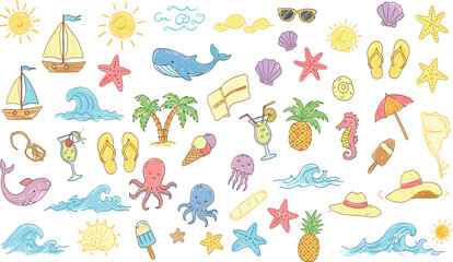 Kid summer beach crayon background. Doodle sea bg. Cute hand drawn sketch flower, sun, cloud, wave, palm, whale, beach umbrella, boat icon. Line crayon vector element.