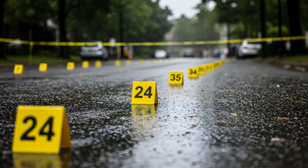 Wet Asphalt Road Displaying Numbered Yellow Evidence Markers During a Crime Scene Investigation