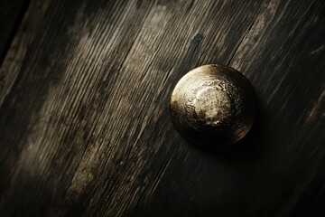 Fototapeta premium A golden metallic sphere rests on a dark, rustic wooden surface.