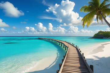 Naklejka premium Tropical Paradise: Wooden Pier Over Turquoise Water