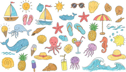 Kid summer beach crayon background. Doodle sea bg. Cute hand drawn sketch flower, sun, cloud, wave, palm, whale, beach umbrella, boat icon. Line crayon vector element.