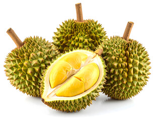 Exotic Durian: a detailed studio shot of four durian fruit, one expertly sliced open, presenting a delectable fruit interior and a glimpse into the exotic allure. Ai generative
