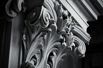 Intricate stone carvings adorn this architectural capital, showcasing classical design and masterful craftsmanship.
