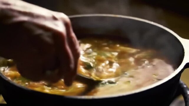 Chef stirs simmering soup in a pot.