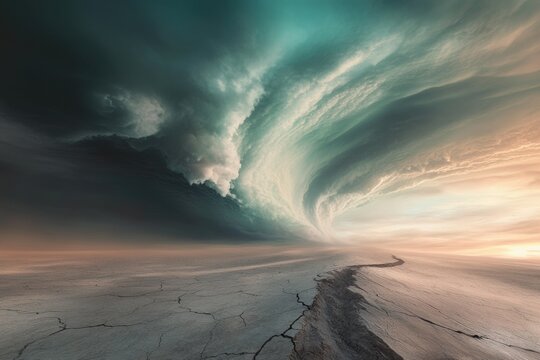 A dramatic, swirling storm cloud looms over a cracked, arid desert landscape, creating a surreal and apocalyptic scene.