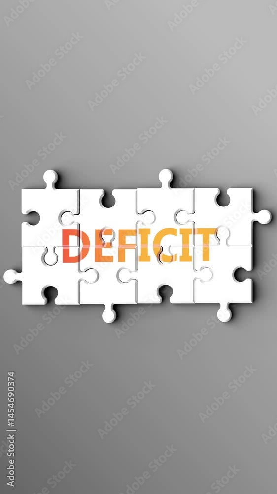 Aufkleber deficit being a complex topic - puzzle pieces with word deficit coming together to make a whole. def