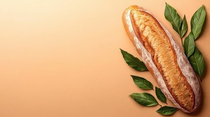Golden Brown Baguette with Green Leaves on Light Brown Background