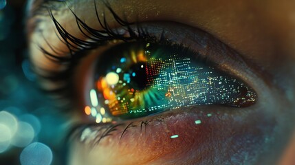 A closeup image of a human eye that vividly showcases a digital interface combined with vibrant neon colors
