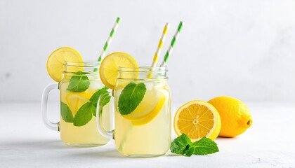 Fototapeta premium Refreshing lemonade served in mason jars with lemon slices mint leaves and striped straws against a textured white background. Bright and inviting beverage setup.