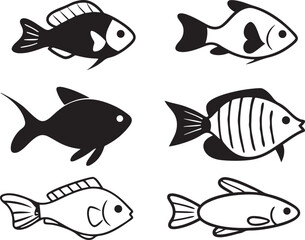 fish items set line art design black and white.