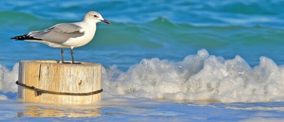 Peaceful seagull perched atop a wooden post.