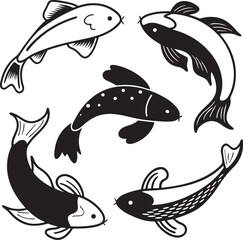 fish items set line art design black and white.