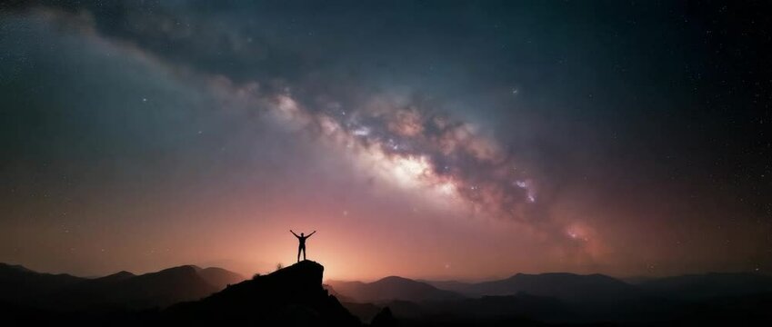 Milky Way and a contented man on the summit of a mountain at nightfall with his arms lifted.  The man's silhouette