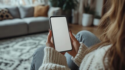 Woman holding smartphone with blank screen in cozy festive living room interior.