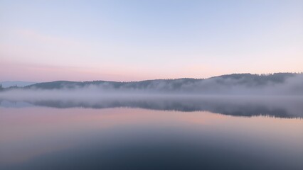 "Mountain lake at dawn, mist rising gently from still waters, subtle pink and blue sky, quiet forest silhouettes reflected perfectly, minimalist composition, peaceful and ethereal mood, ultra high res