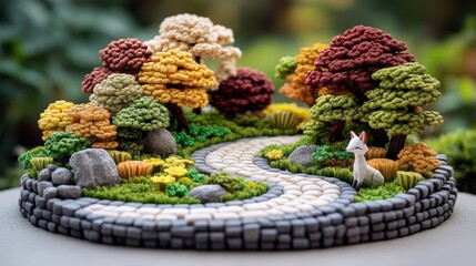Fototapeta premium Intricate miniature autumnal scene with winding path, vibrant fall trees, grey stones, mossy ground cover and a charming small white house crafted from clay