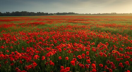 A breathtaking expanse of vibrant red poppies sways gently in the breeze, painting the landscape with nature&rsquo;s fiery elegance.