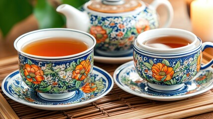 Two cups of tea with decorative floral patterns on a wooden tray.